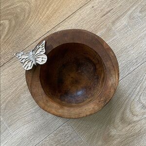 Brown Wooden Bowl with silver Butterfly Accent